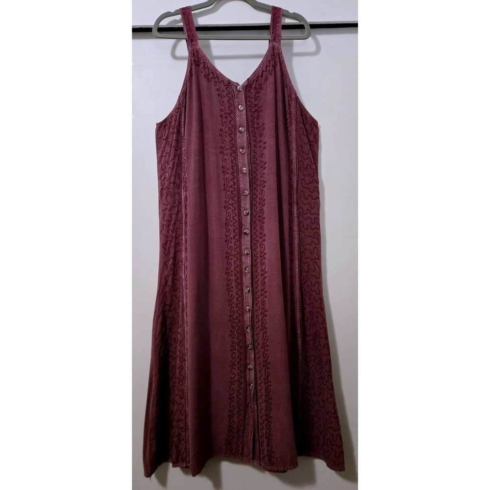 Cute Options Boho Embroidered Button Front Midi Dress Plum Sleeveless Tie O/S